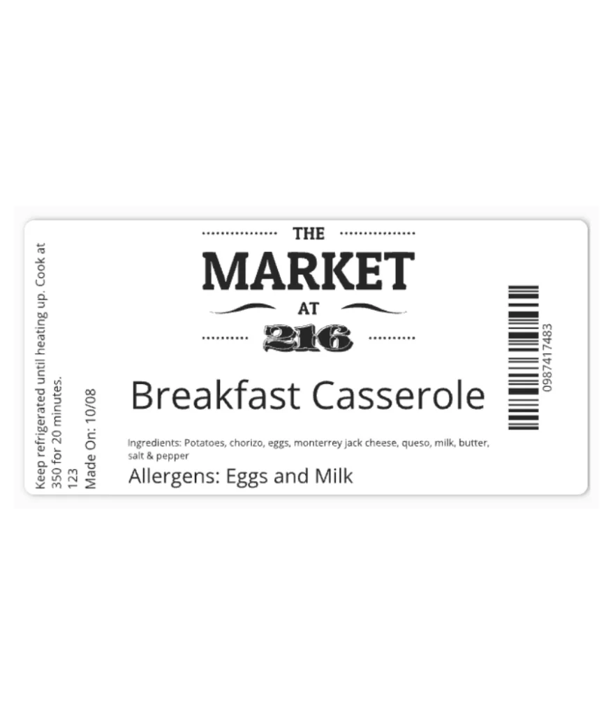 Breakfast casserole label