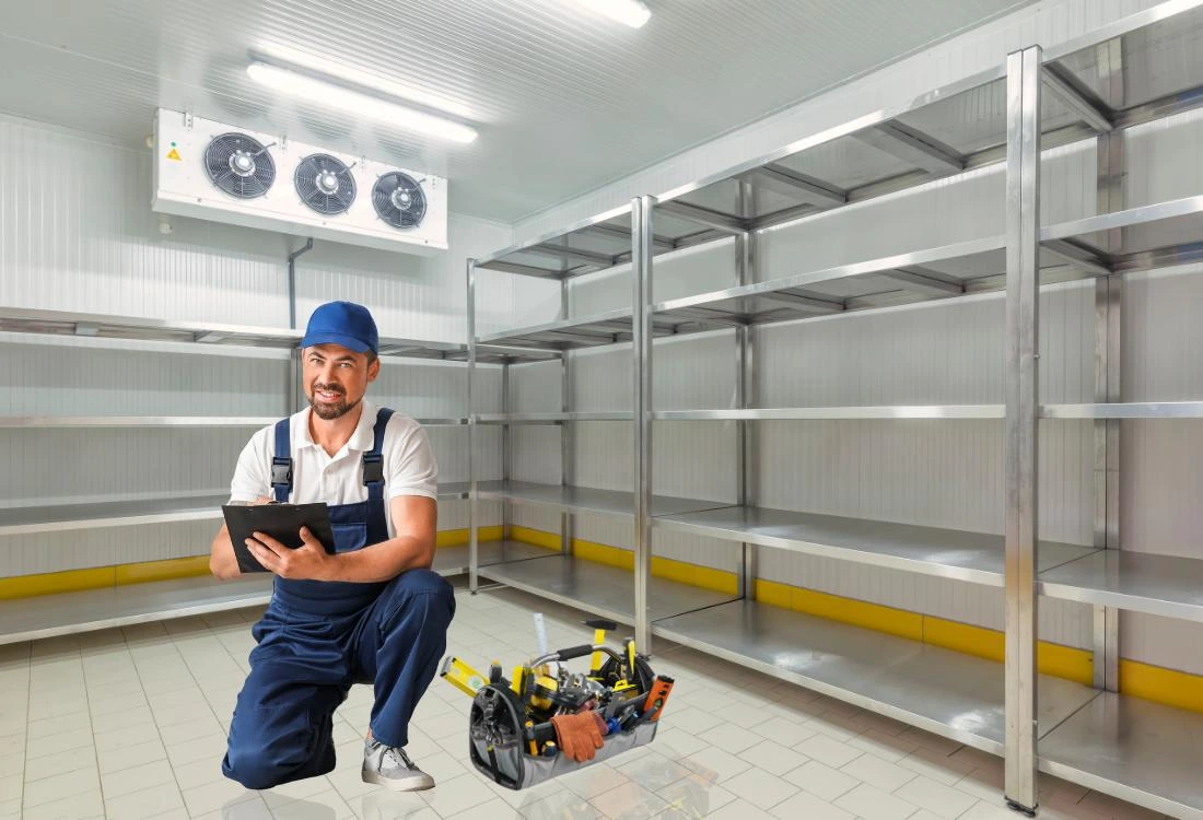 Repair guy in fridge